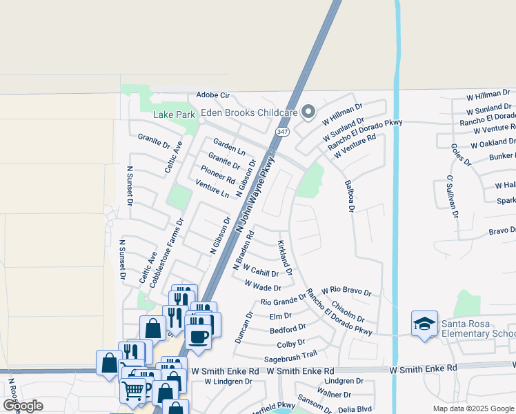 map of restaurants, bars, coffee shops, grocery stores, and more near 22142 Caven Drive in Maricopa