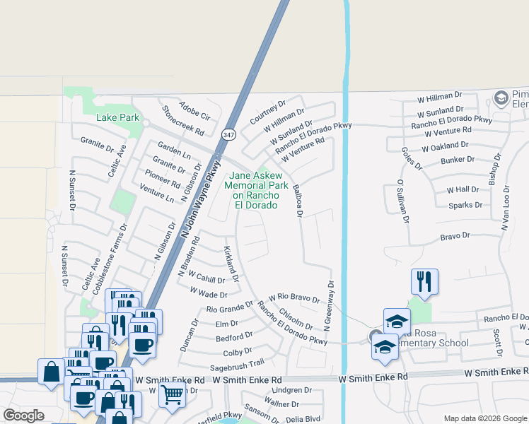 map of restaurants, bars, coffee shops, grocery stores, and more near 22087 Lakeside Drive in Maricopa