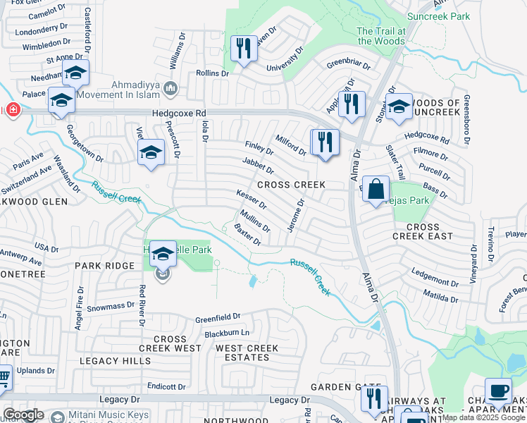 map of restaurants, bars, coffee shops, grocery stores, and more near 1321 Kesser Drive in Plano