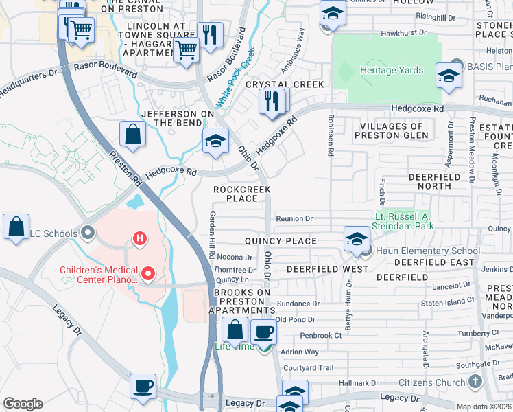 map of restaurants, bars, coffee shops, grocery stores, and more near 4716 Ridgedale Drive in Plano