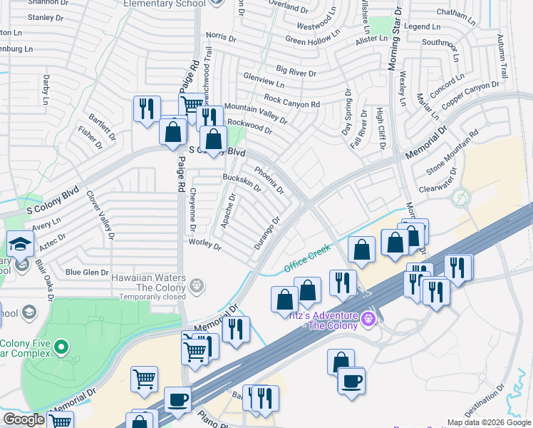 map of restaurants, bars, coffee shops, grocery stores, and more near 5620 Sundance Drive in The Colony