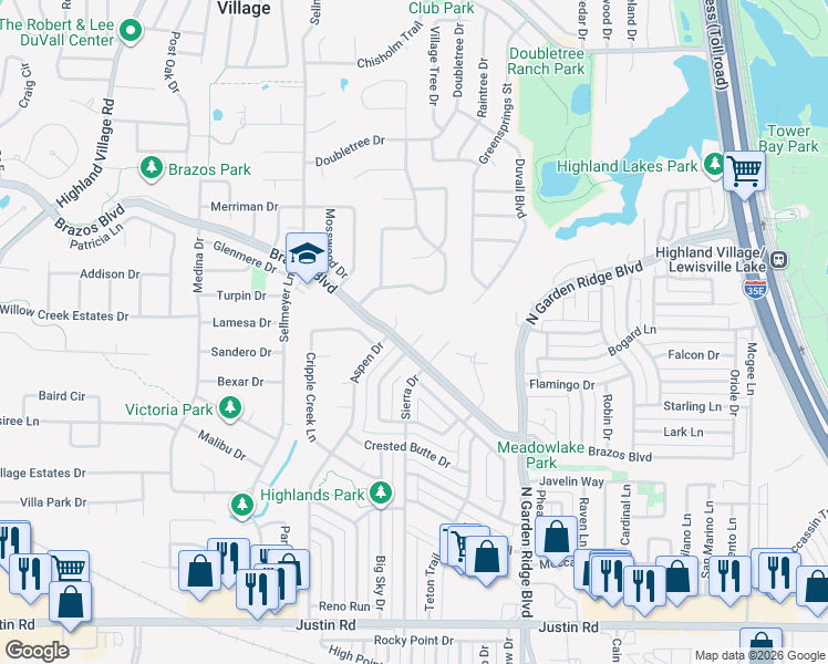 map of restaurants, bars, coffee shops, grocery stores, and more near 2043 Eagle Nest Place in Lewisville