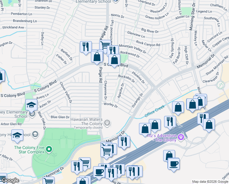 map of restaurants, bars, coffee shops, grocery stores, and more near 6025 Apache Drive in The Colony