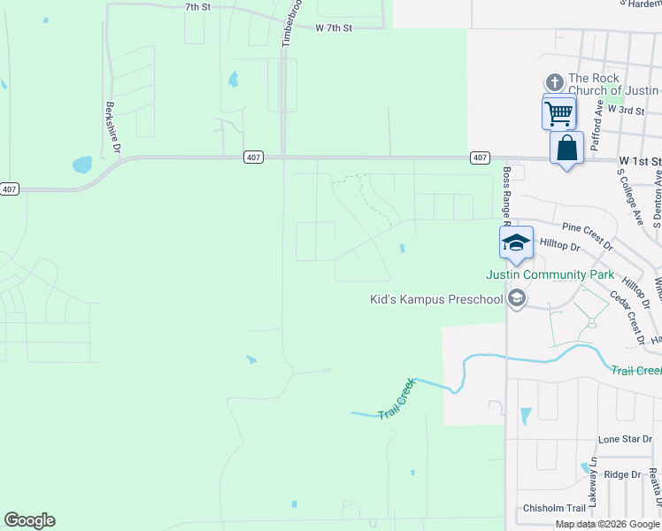 map of restaurants, bars, coffee shops, grocery stores, and more near Unnamed Road in Justin