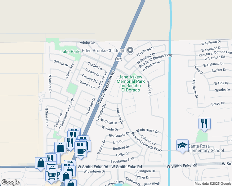 map of restaurants, bars, coffee shops, grocery stores, and more near 22134 Kingston Drive in Maricopa