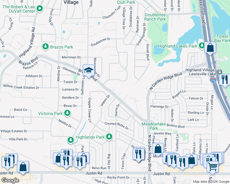 map of restaurants, bars, coffee shops, grocery stores, and more near 2039 Aspen Place in Lewisville