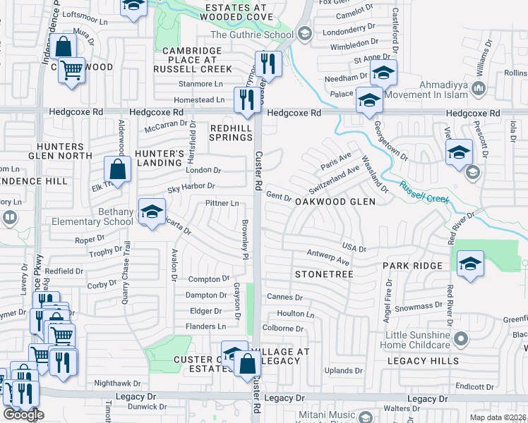 map of restaurants, bars, coffee shops, grocery stores, and more near 2122 Merksem Court in Plano