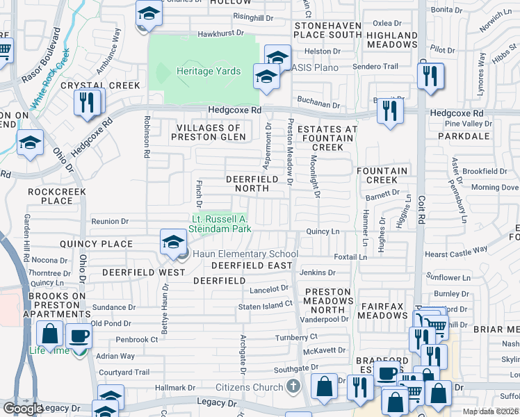 map of restaurants, bars, coffee shops, grocery stores, and more near 7609 New Heart Drive in Plano
