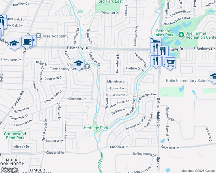 map of restaurants, bars, coffee shops, grocery stores, and more near 1001 Edison Lane in Allen