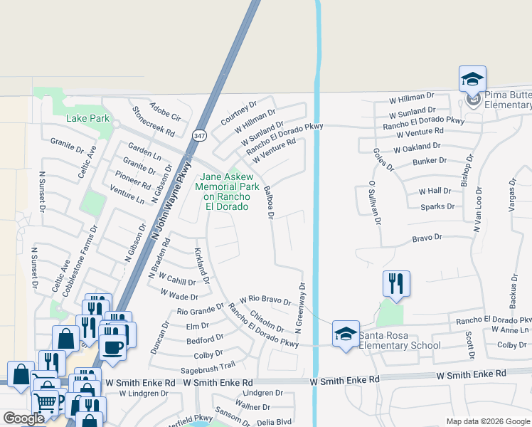 map of restaurants, bars, coffee shops, grocery stores, and more near 22154 Balboa Drive in Maricopa