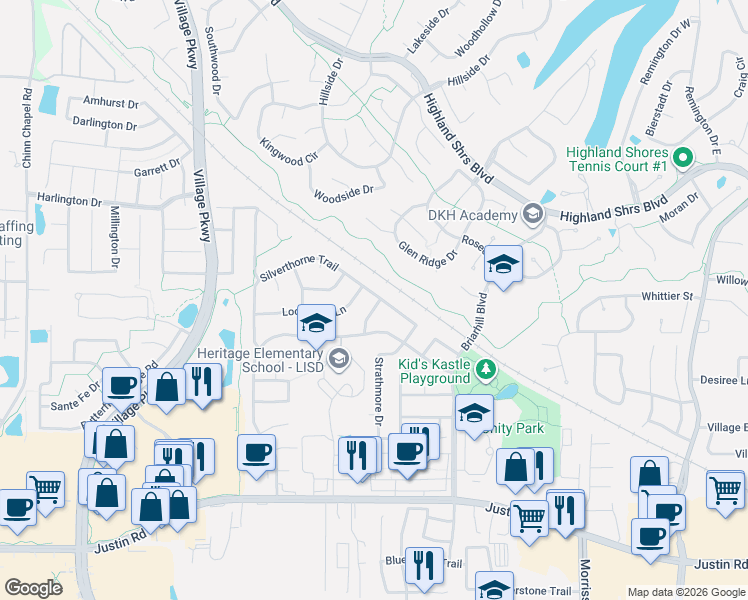 map of restaurants, bars, coffee shops, grocery stores, and more near 2645 Braemar Lane in Highland Village