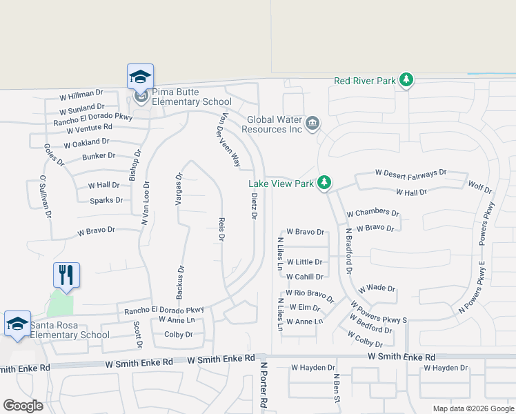 map of restaurants, bars, coffee shops, grocery stores, and more near 22079 Dietz Drive in Maricopa
