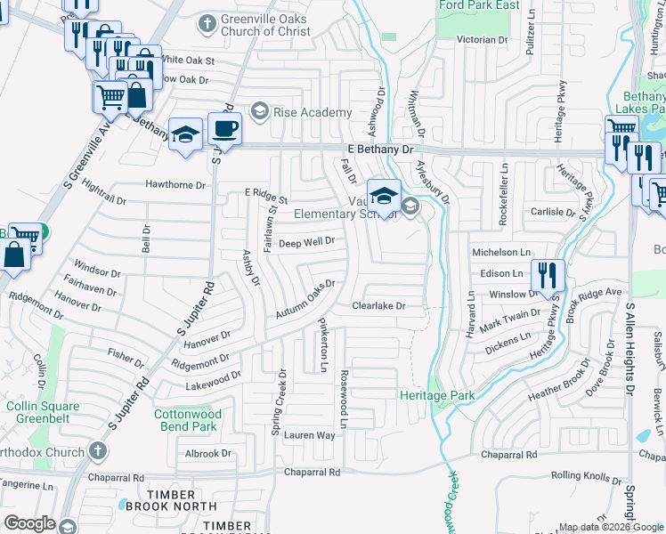 map of restaurants, bars, coffee shops, grocery stores, and more near 736 Bent Creek Drive in Allen