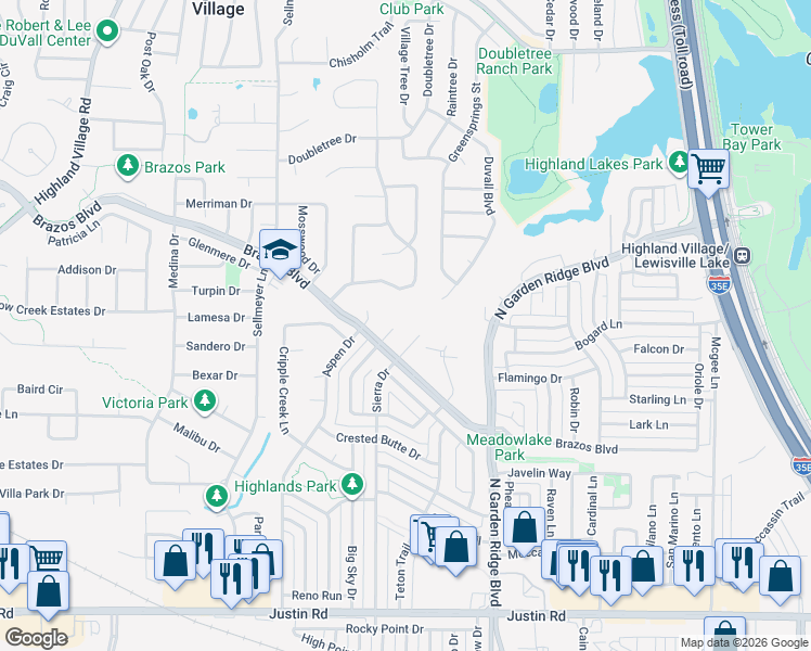 map of restaurants, bars, coffee shops, grocery stores, and more near 2043 Eagle Nest Pl in Lewisville