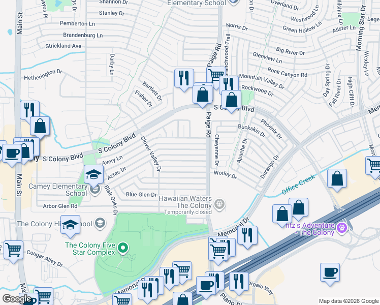 map of restaurants, bars, coffee shops, grocery stores, and more near 5200 Aztec Drive in The Colony