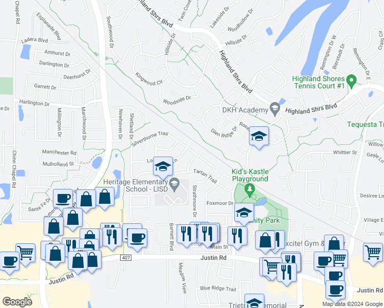 map of restaurants, bars, coffee shops, grocery stores, and more near 2645 Braemar Lane in Highland Village