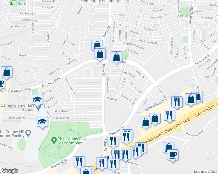 map of restaurants, bars, coffee shops, grocery stores, and more near 5401 Waterwood Court in The Colony