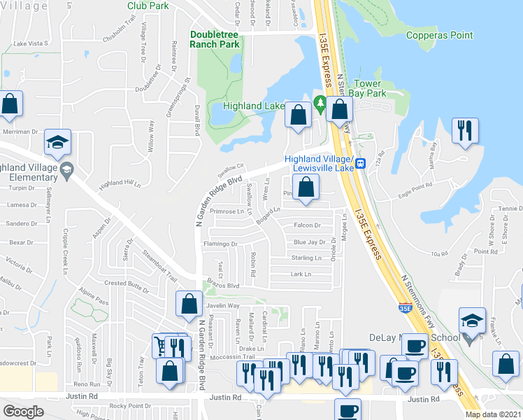 map of restaurants, bars, coffee shops, grocery stores, and more near 2204 Wren Lane in Lewisville