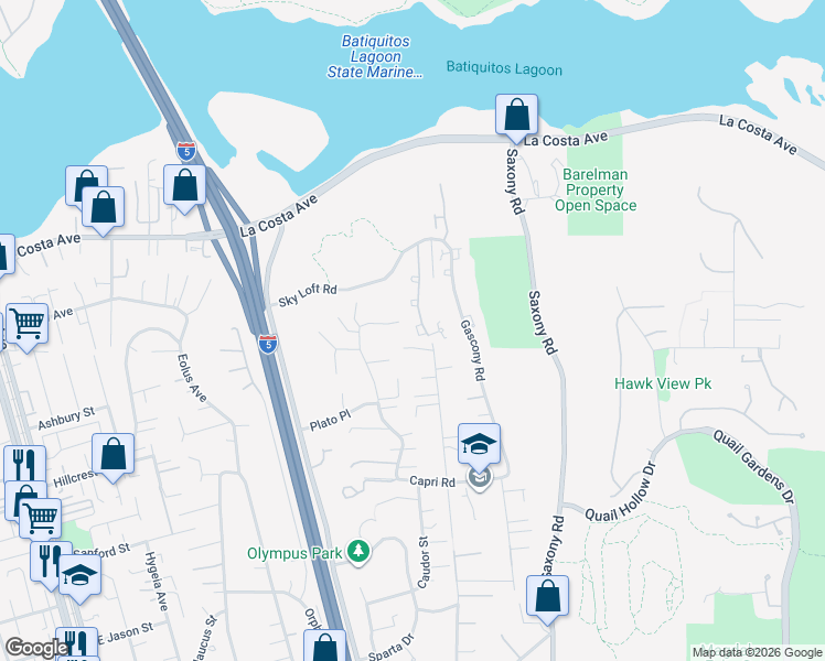 map of restaurants, bars, coffee shops, grocery stores, and more near 1718 Burgundy Road in Encinitas