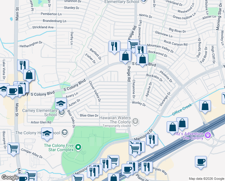 map of restaurants, bars, coffee shops, grocery stores, and more near 5200 Aztec Drive in The Colony