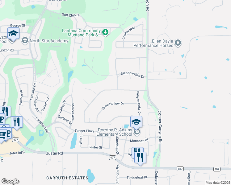 map of restaurants, bars, coffee shops, grocery stores, and more near 175 Canyon Oaks Drive in Argyle