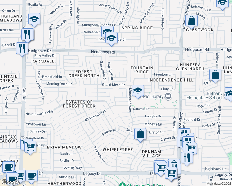 map of restaurants, bars, coffee shops, grocery stores, and more near 7612 Madewood Lane in Plano