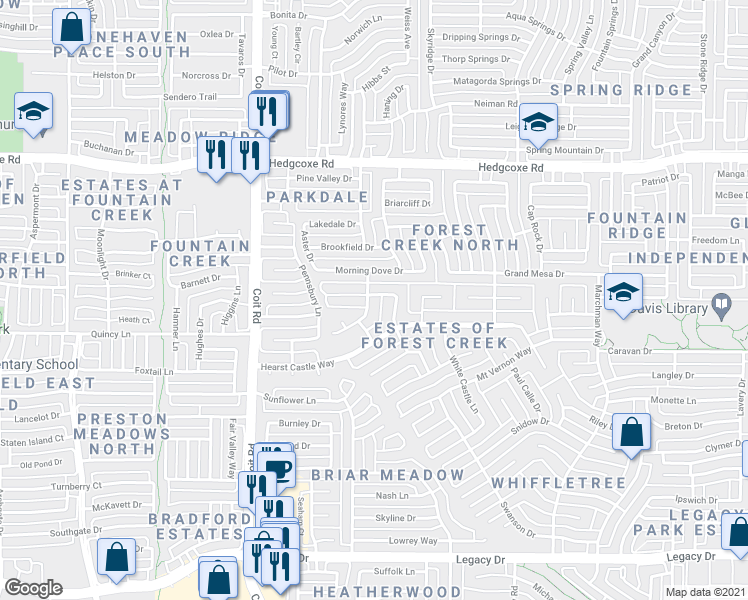map of restaurants, bars, coffee shops, grocery stores, and more near 7616 Peach Blossom Drive in Plano