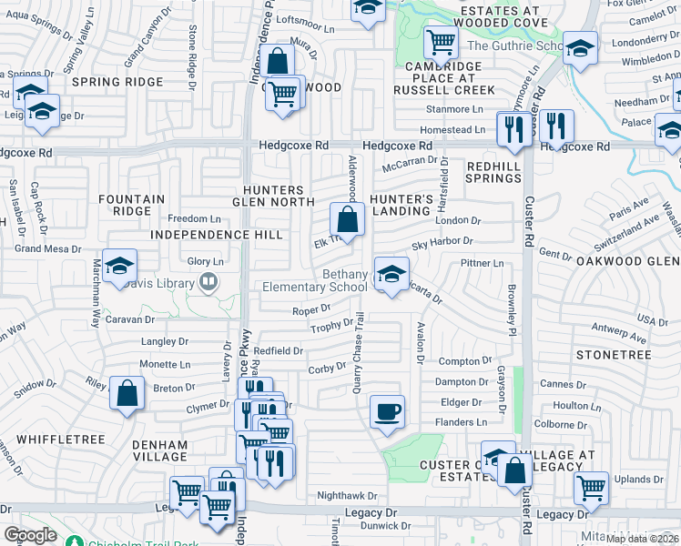 map of restaurants, bars, coffee shops, grocery stores, and more near 2517 Micarta Drive in Plano