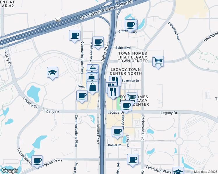 map of restaurants, bars, coffee shops, grocery stores, and more near 7500 Elijah Drive in Plano