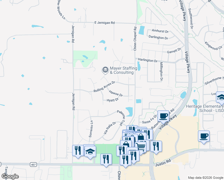map of restaurants, bars, coffee shops, grocery stores, and more near 835 Hawse Drive in Lewisville