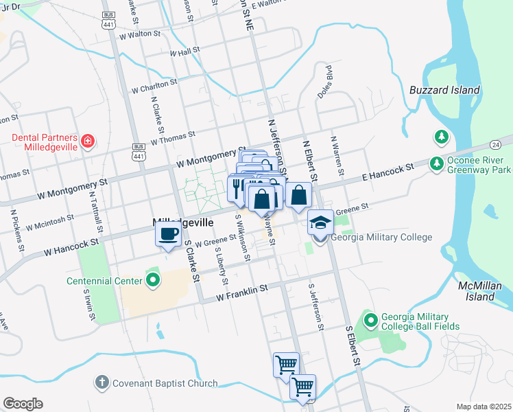 map of restaurants, bars, coffee shops, grocery stores, and more near 108 West Hancock Street in Milledgeville