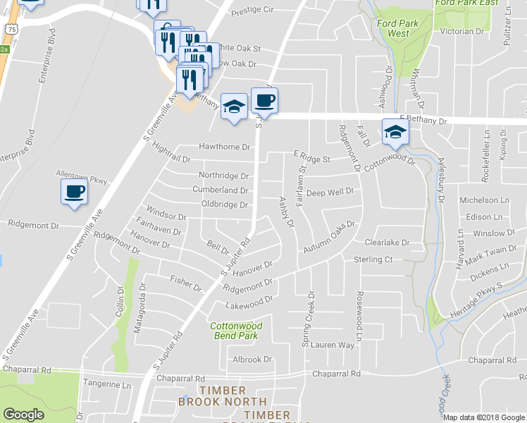 map of restaurants, bars, coffee shops, grocery stores, and more near 603 Windsor Drive in Allen