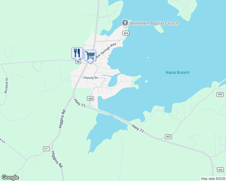 map of restaurants, bars, coffee shops, grocery stores, and more near 310 County Road 408 in Shelby