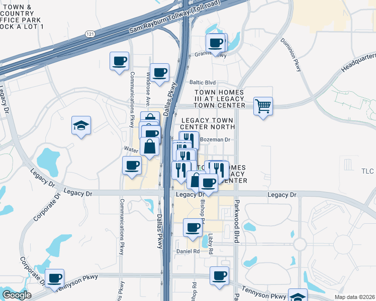 map of restaurants, bars, coffee shops, grocery stores, and more near 5851 Legacy Circle in Plano