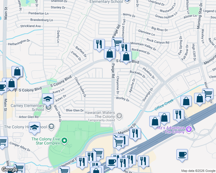map of restaurants, bars, coffee shops, grocery stores, and more near 5232 Aztec Drive in The Colony