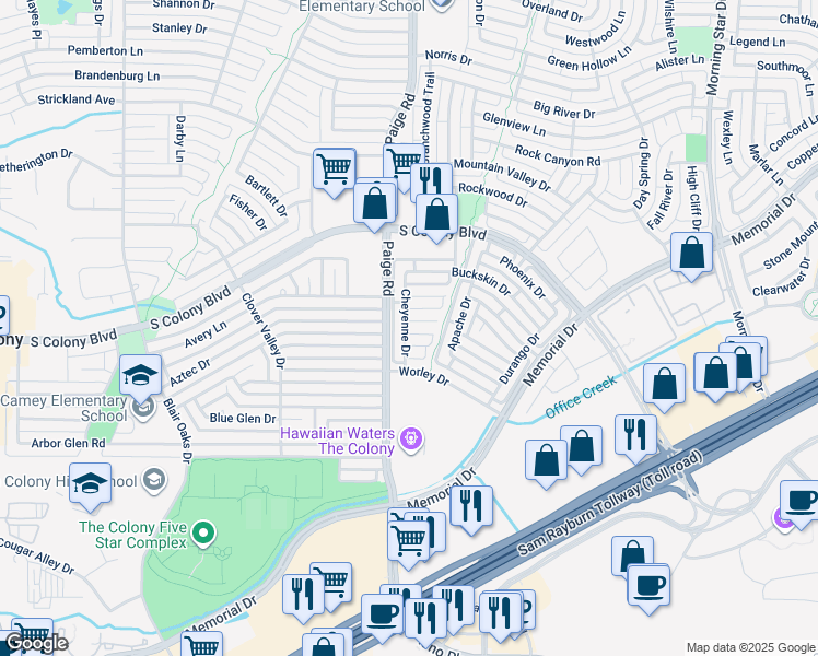 map of restaurants, bars, coffee shops, grocery stores, and more near 5401 Waterwood Court in The Colony