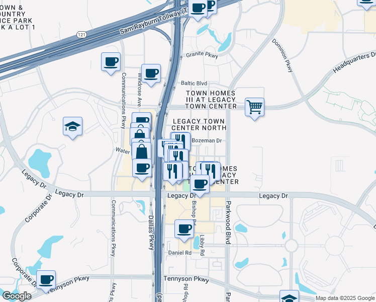 map of restaurants, bars, coffee shops, grocery stores, and more near 5840 Legacy Circle in Plano