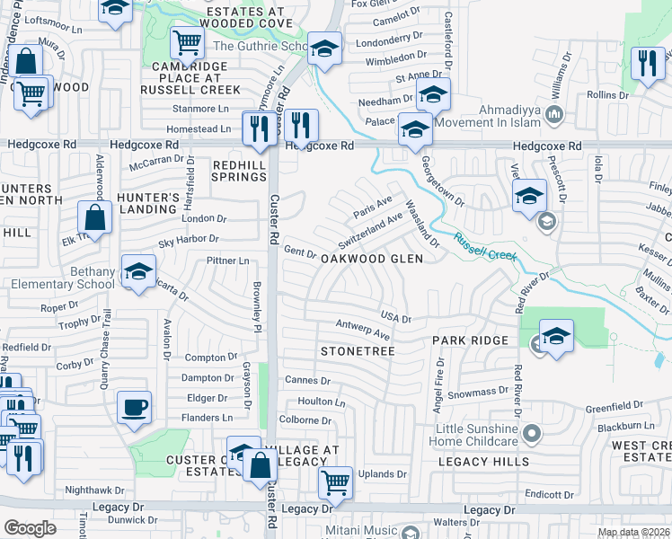 map of restaurants, bars, coffee shops, grocery stores, and more near 2025 Belgium Drive in Plano