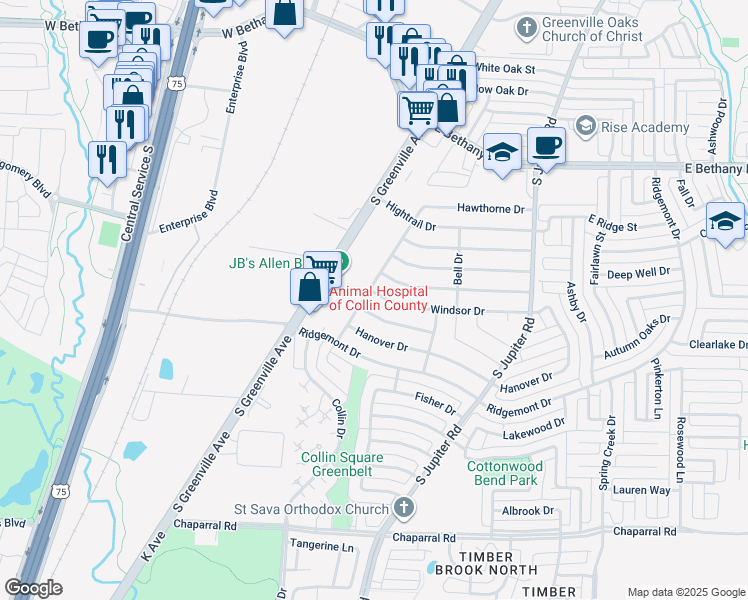 map of restaurants, bars, coffee shops, grocery stores, and more near 510 Windsor Drive in Allen