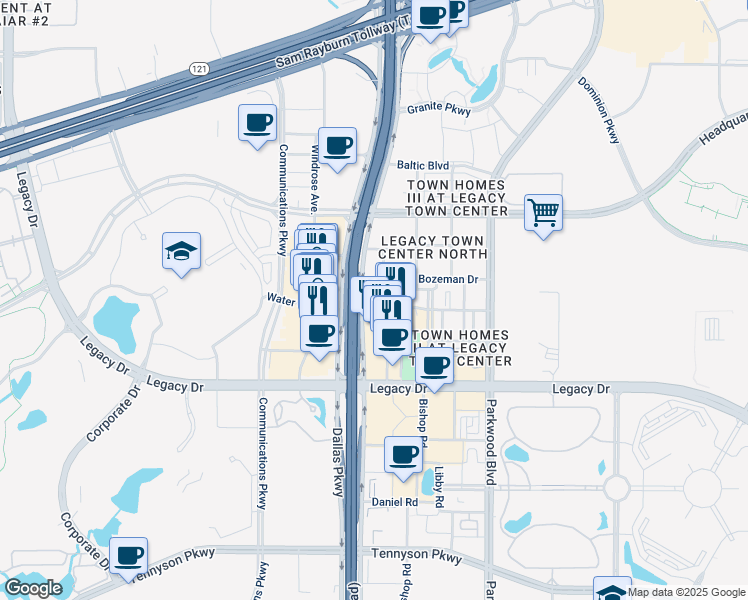 map of restaurants, bars, coffee shops, grocery stores, and more near 7500 Elijah Drive in Plano