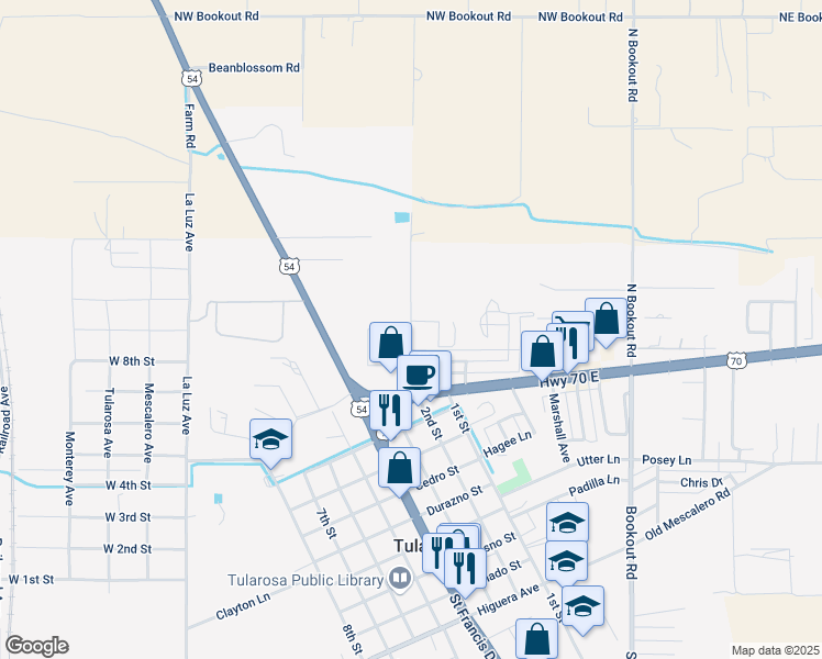 map of restaurants, bars, coffee shops, grocery stores, and more near 1507 North Fairview Road in Tularosa