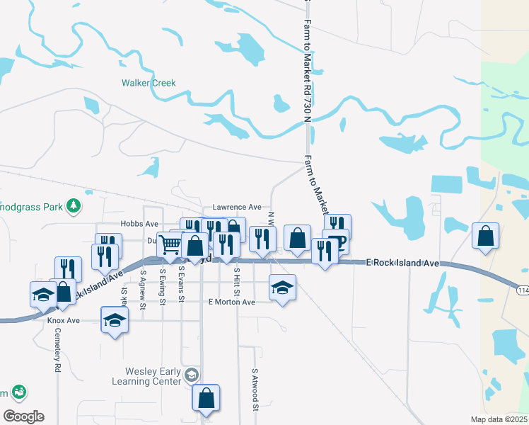 map of restaurants, bars, coffee shops, grocery stores, and more near 130 North Wilson Street in Boyd