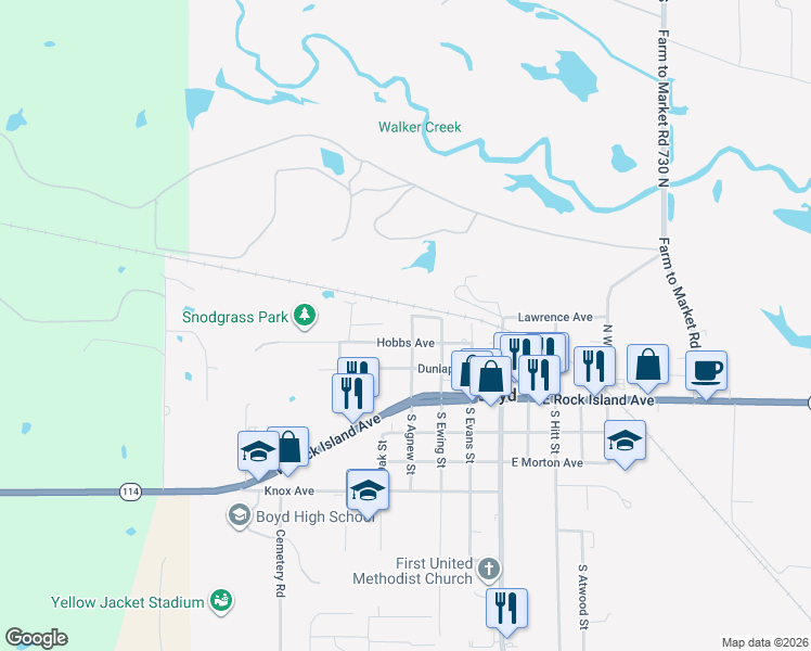 map of restaurants, bars, coffee shops, grocery stores, and more near 304 Agnew Street in Boyd