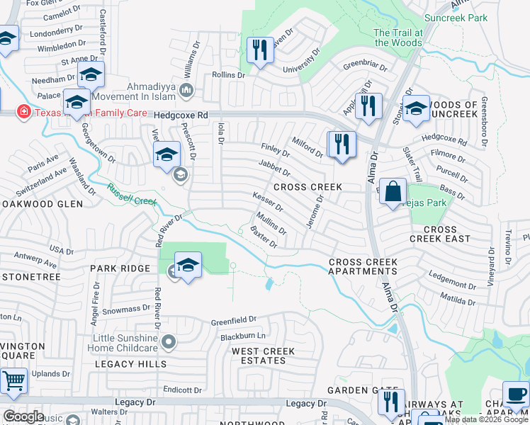 map of restaurants, bars, coffee shops, grocery stores, and more near 1329 Mullins Drive in Plano