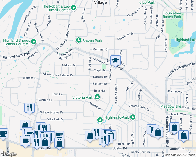 map of restaurants, bars, coffee shops, grocery stores, and more near 214 Lamesa Drive in Highland Village