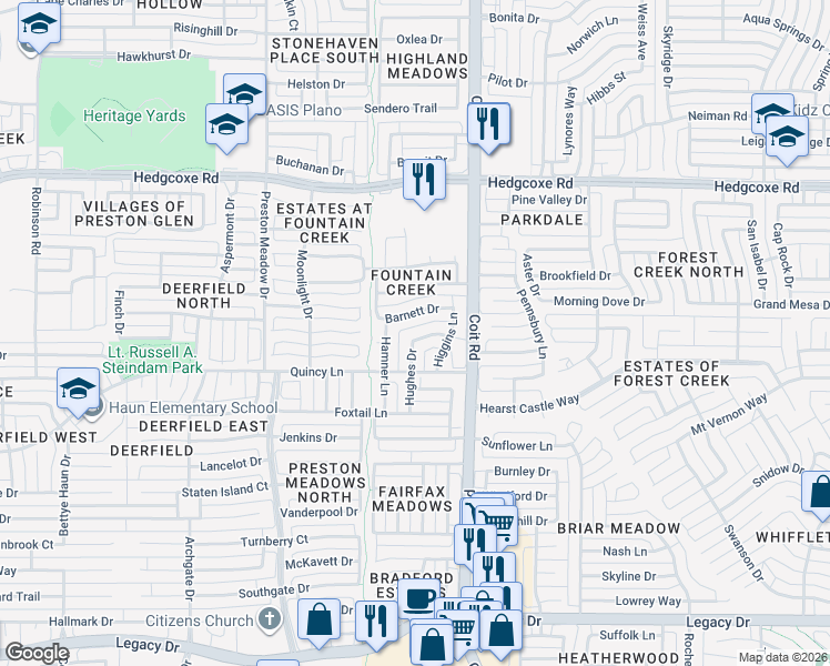 map of restaurants, bars, coffee shops, grocery stores, and more near 4021 Brewer Drive in Plano