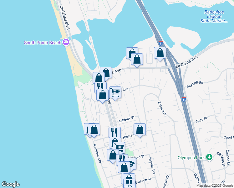 map of restaurants, bars, coffee shops, grocery stores, and more near 157 Andrew Avenue in Encinitas