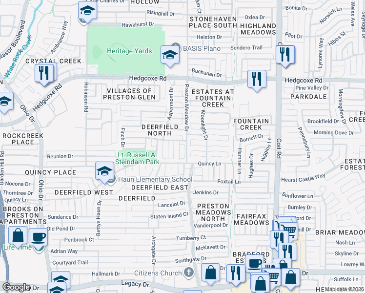 map of restaurants, bars, coffee shops, grocery stores, and more near 7608 Valleen Drive in Plano