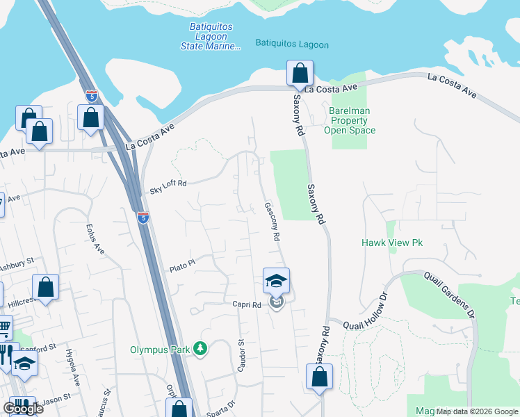 map of restaurants, bars, coffee shops, grocery stores, and more near 1716 Gascony Road in Encinitas