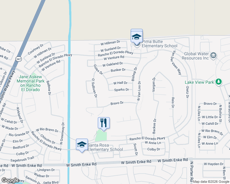 map of restaurants, bars, coffee shops, grocery stores, and more near 42521 Sparks Court in Maricopa